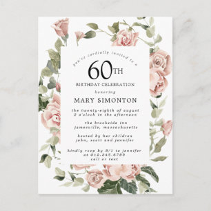 Pink Rose Floral Greenery 60th Birthday  Invitation Postcard
