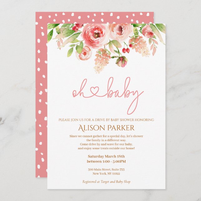 Pink Rose Floral Greenery Drive By Baby Shower Invitation (Front/Back)