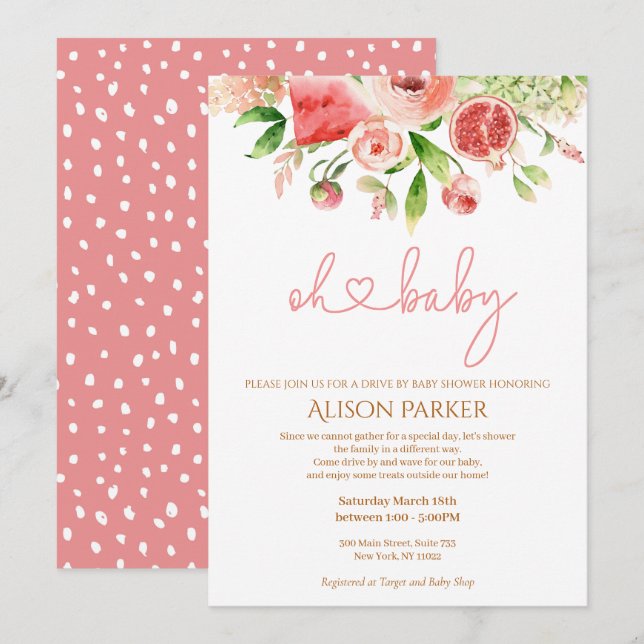 Pink Rose Floral Greenery Drive By Baby Shower Invitation (Front/Back)