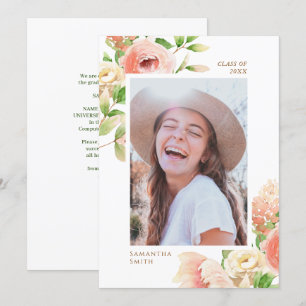 Pink Rose Floral Greenery Elegant Photo Graduation Announcement