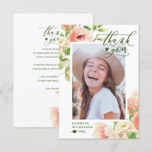 Pink Rose Floral Greenery Elegant Photo Graduation Thank You Card
