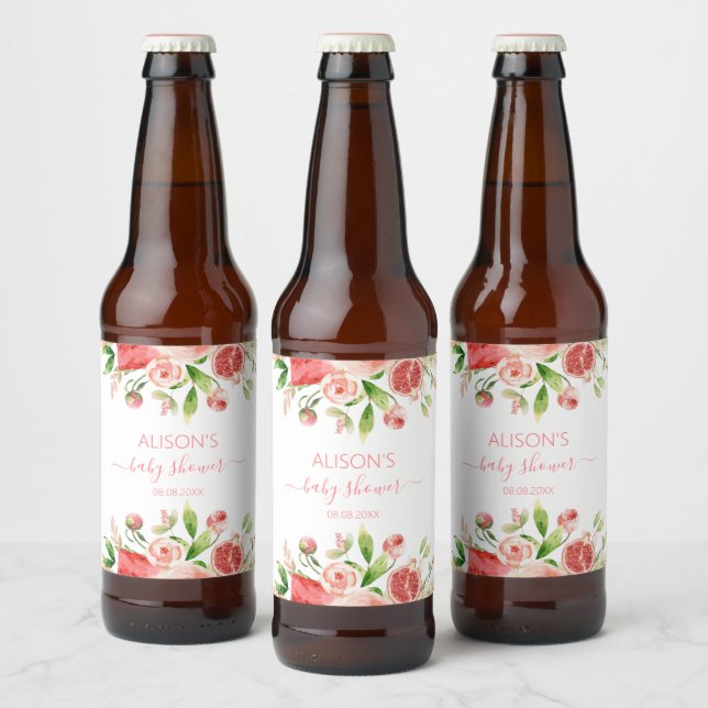 Pink Rose Floral Greenery Girl Baby Shower Beer Bottle Label (Bottles)