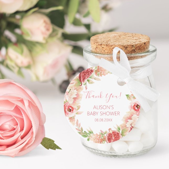 Pink Rose Floral Greenery Girl Baby Shower Classic Round Sticker (Creator Uploaded)