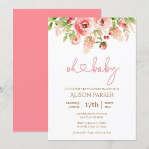 Pink Rose Floral Greenery Girl Baby Shower Invitation