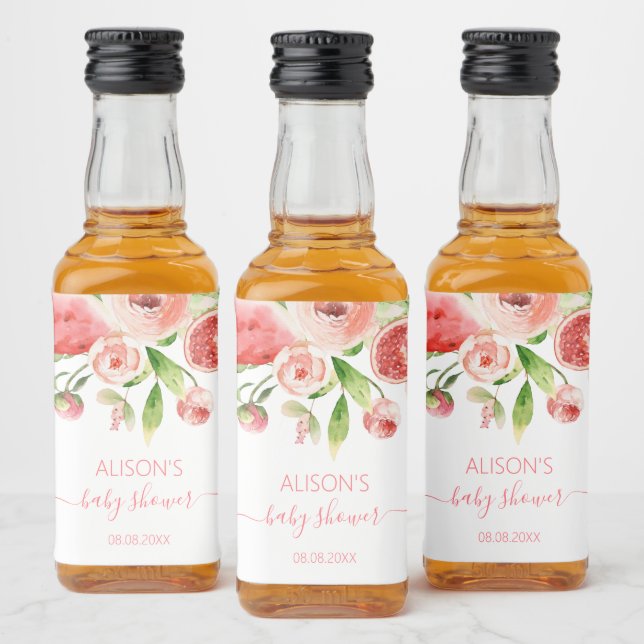 Pink Rose Floral Greenery Girl Baby Shower Mini Liquor Bottle Label (Bottles)
