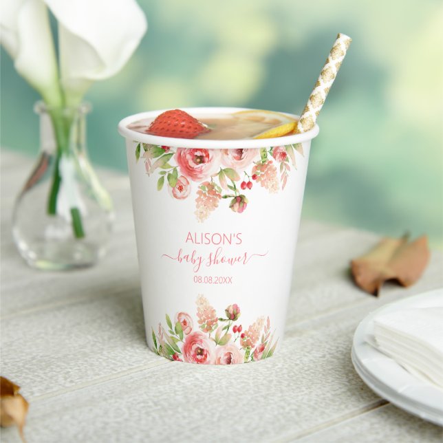 Pink Rose Floral Greenery Girl Baby Shower Paper Cups (Insitu)