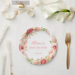 Pink Rose Floral Greenery Girl Baby Shower Paper Plate