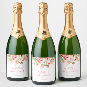 Pink Rose Floral Greenery Girl Baby Shower Sparkling Wine Label