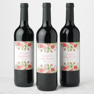 Pink Rose Floral Greenery Girl Baby Shower Wine Label