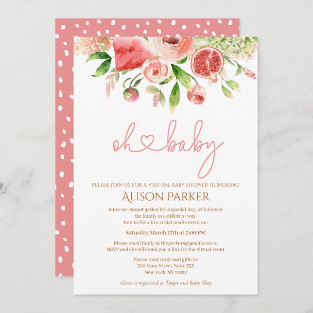 Pink Rose Floral Greenery Girl Virtual Baby Shower Invitation (Front/Back)