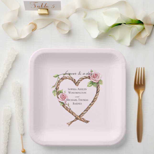 Pink Rose Floral Heart Wedding Paper Plate (Wedding)