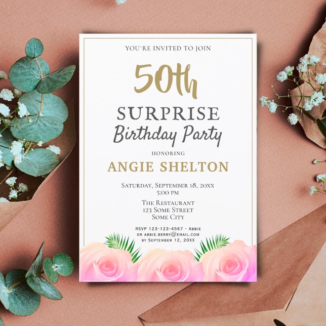Pink Rose Floral Leaves 50th Surprise Birthday  Invitation (Creator Uploaded)