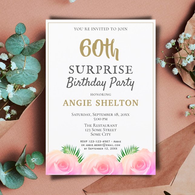 Pink Rose Floral Leaves 60th Surprise Birthday  Invitation (Creator Uploaded)