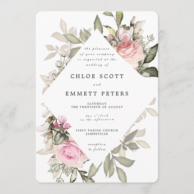 Pink Rose Floral Modern Waterolor Wedding Invitation (Front)