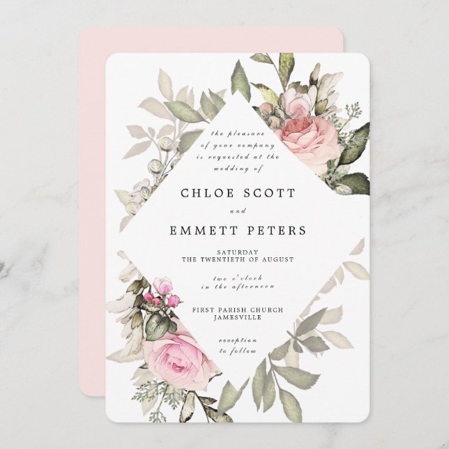 Pink Rose Floral Modern Waterolor Wedding Invitation (Front/Back)