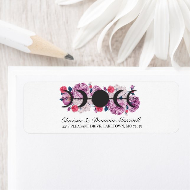 Pink Rose Floral Moon Phase Return Address Label (Insitu)