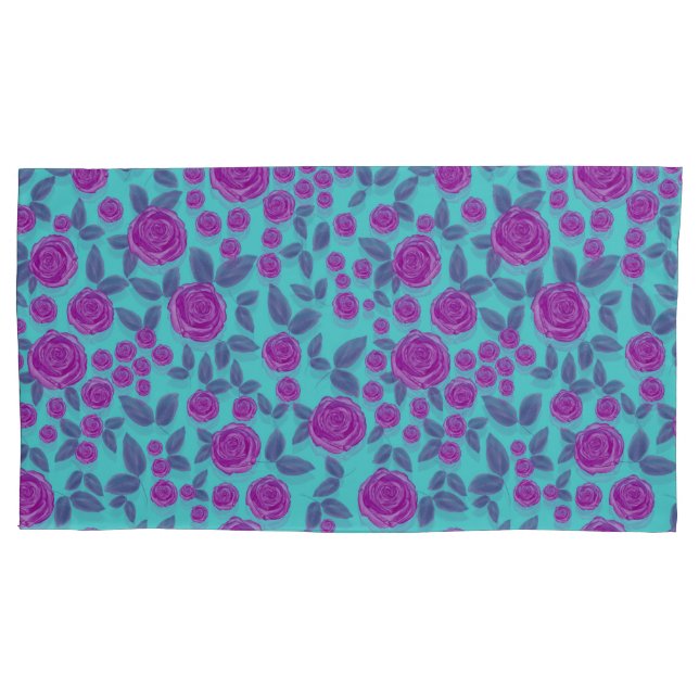 pink rose floral on aqua pillowcase (Front-Left)