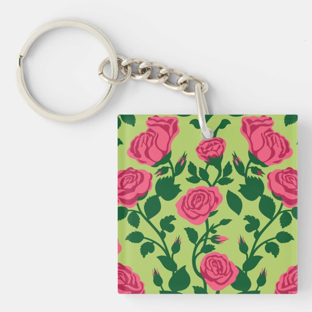 Pink Rose Floral Pattern Key Ring (Front)
