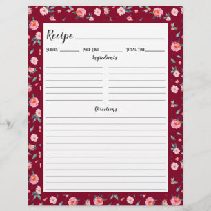 Pink Rose Floral Pattern Recipe Binder Page