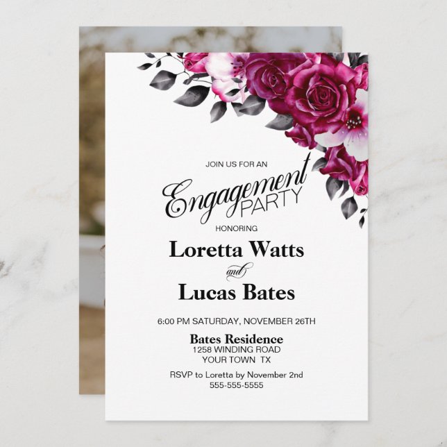 Pink Rose Floral Photo Engagement Party Invitation (Front/Back)