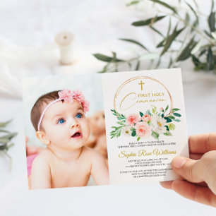 Pink Rose Floral Photo Girl First Holy Communion Invitation