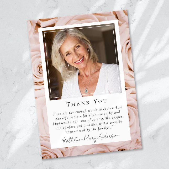 Pink Rose Floral Photo Keepsake Funeral Memorial Thank You Card (Creator Uploaded)
