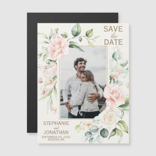 Pink Rose Floral Photo Save the Date Magnets