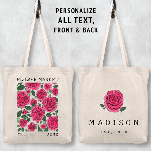 Pink Rose Floral Print June Birth Flower Market Tote Bag