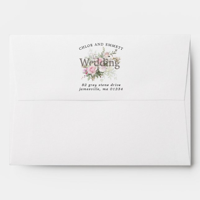 Pink Rose Floral Return Address Wedding Envelope (Back (Top Flap))