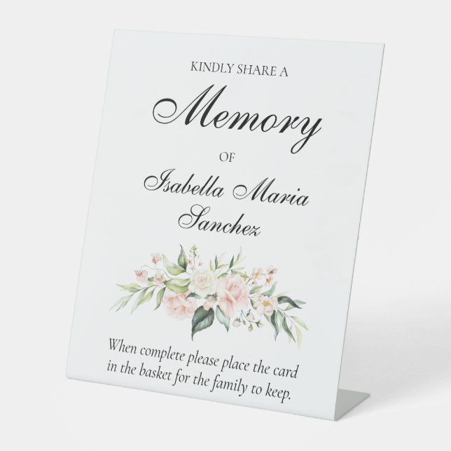 Pink Rose Floral Share a Memory Attendance Card Pedestal Sign (Front)