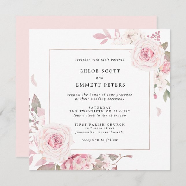 Pink Rose Floral Square Wedding Invitation (Front/Back)