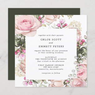 Pink Rose Floral Square Wedding Invitation