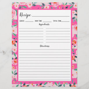 Pink Rose Floral Stripes Recipe Binder Page