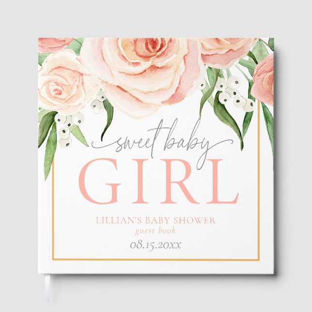Pink Rose Floral Sweet Baby Girl Baby Shower  Guest Book (Front)