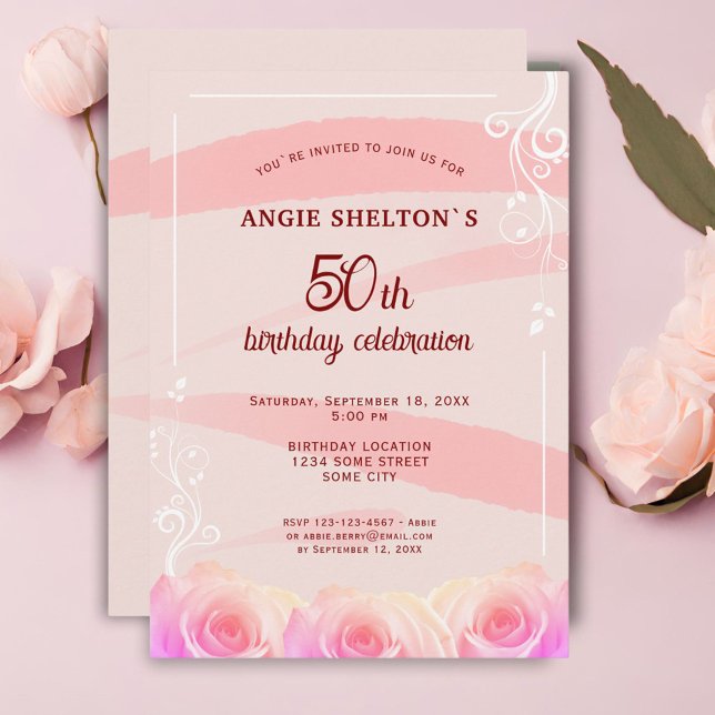 Pink Rose Floral Watercolor Stripes 50th Birthday Invitation (Creator Uploaded)