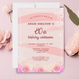 Pink Rose Floral Watercolor Stripes 80th Birthday  Invitation