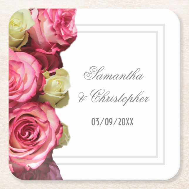 Pink rose floral wedding square paper coaster (Front)