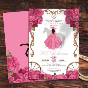 Pink Rose Floral Western Charra Quinceañera Invitation