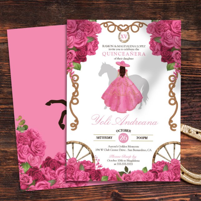 Pink Rose Floral Western Charra Quinceañera Invitation (Creator Uploaded)