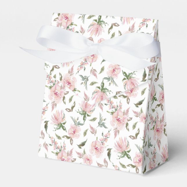 Pink Rose Floral White Bow Personalised Wedding Favour Box (Front Side)