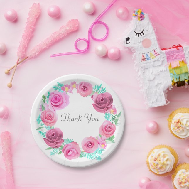 Pink Rose Floral Wreath  Paper Plate (Party)