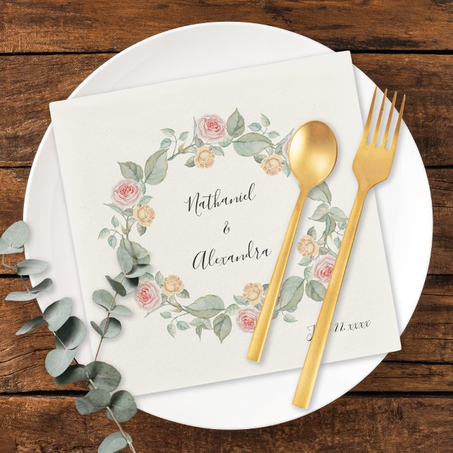 Pink Rose Floral Wreath Summer Wedding Napkins (Creator Uploaded)