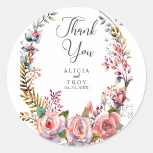 Pink Rose Floral Wreath Thank You Wedding Sticker