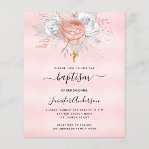 Pink rose florals girl budget baptism invitation