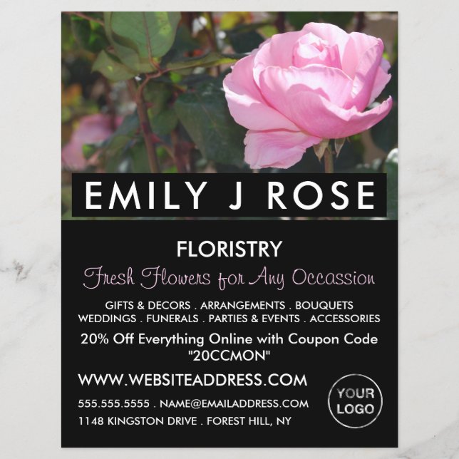 Pink Rose, Florist, Floristry Advertising Flyer (Front)
