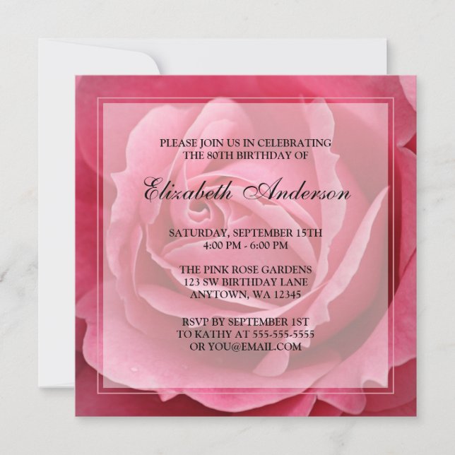 Pink Rose Flower 80th Birthday Party Invitation (Front)