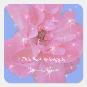 pink rose flower and sparkling stars square sticker