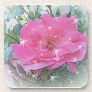 Pink rose flower and stars coaster
