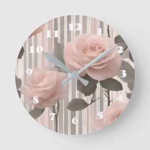 Pink Rose Flower and stripes,  Vintage Look  Round Clock