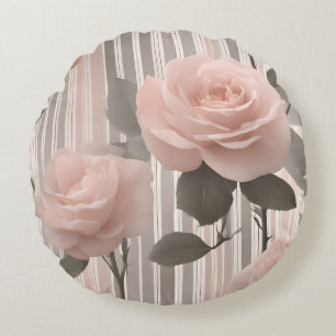 Pink Rose Flower and stripes, Vintage Look Round Cushion